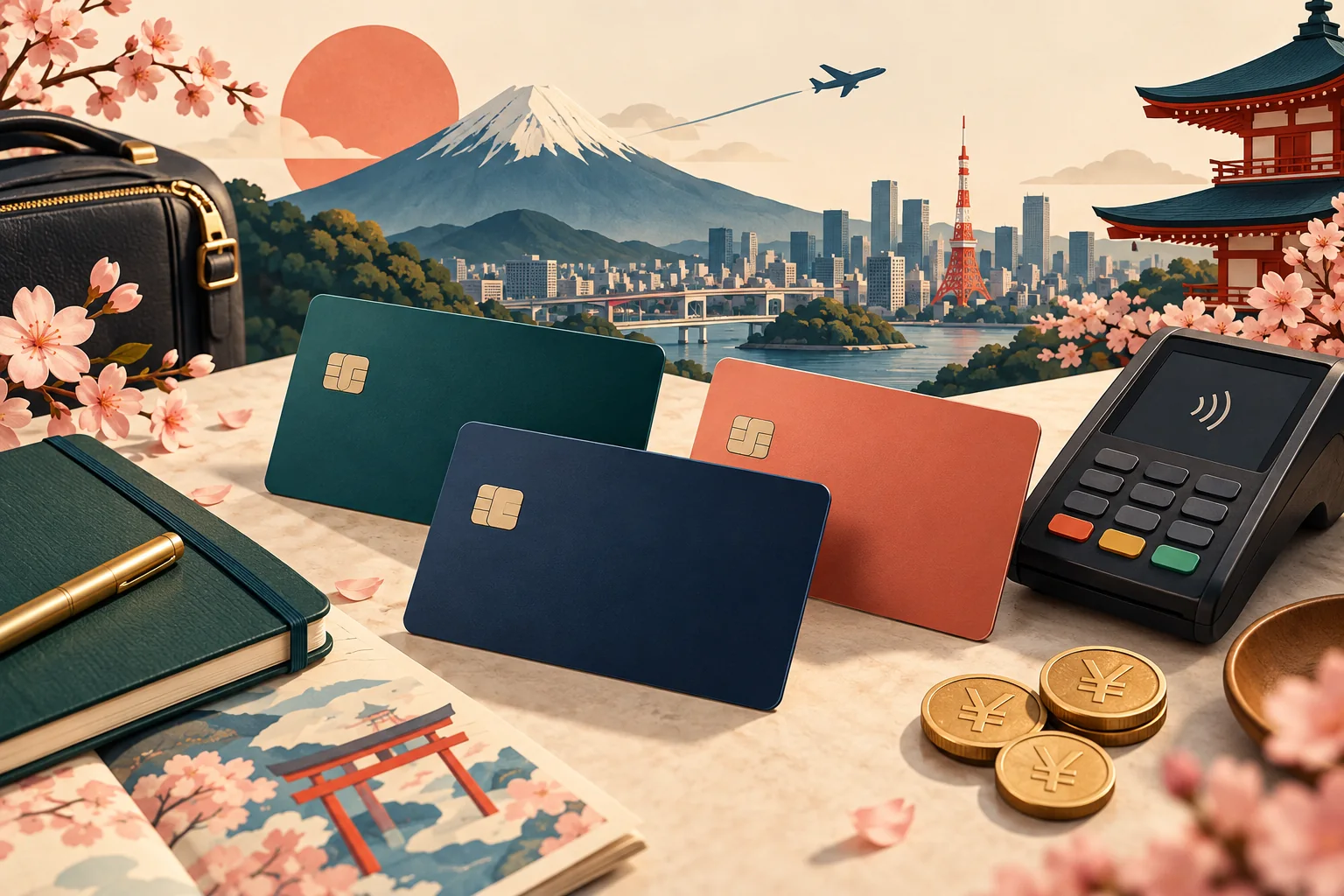 Ilustração de cartões genéricos, moedas de iene e uma maquininha em um cenário inspirado no Japão.