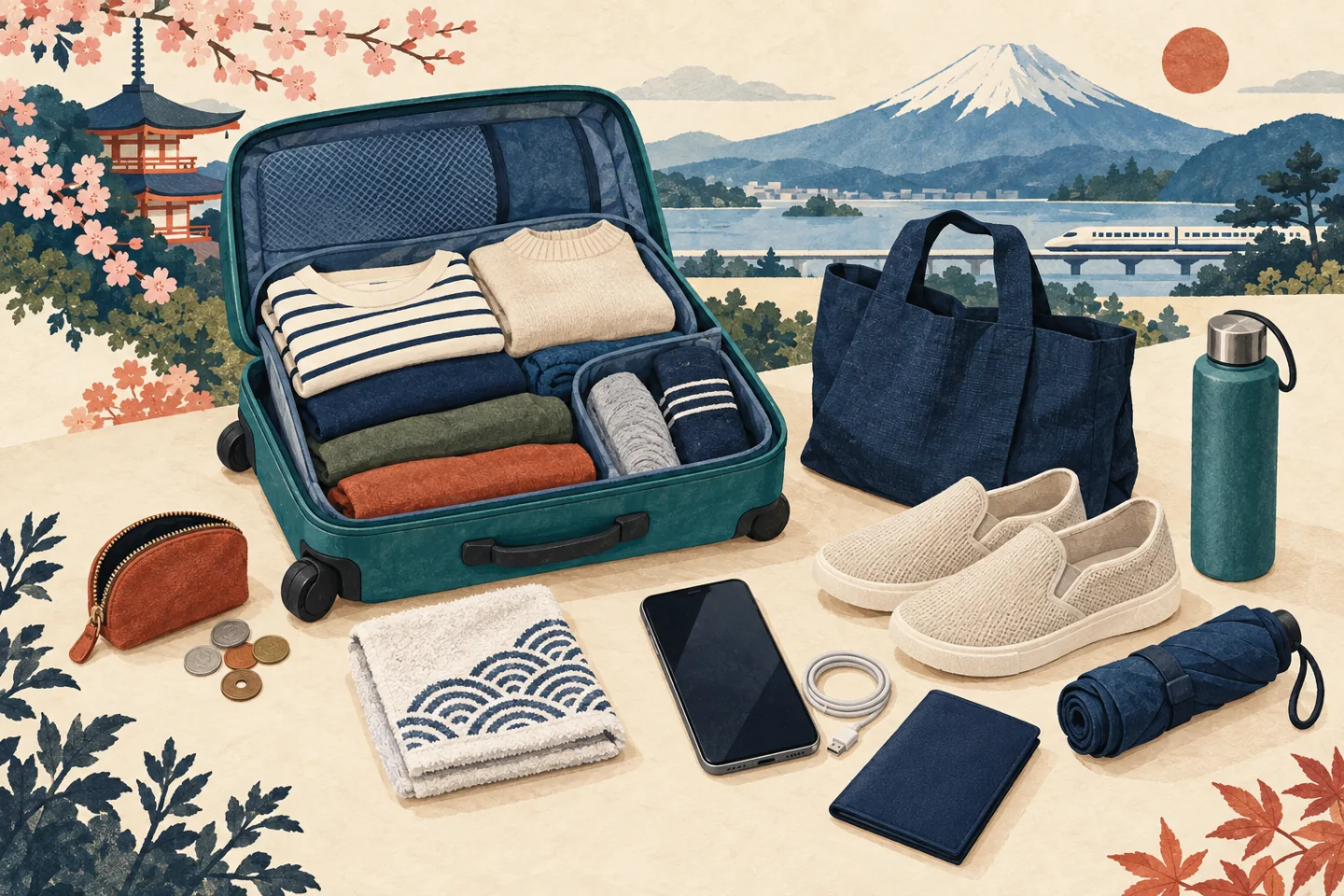 Ilustração de mala com roupas, porta-moedas, tênis, toalhinha, ecobag e acessórios para viajar ao Japão.