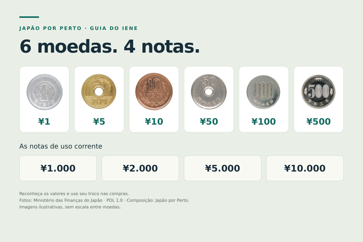 Guia visual dos seis valores de moedas e quatro valores de notas de iene.