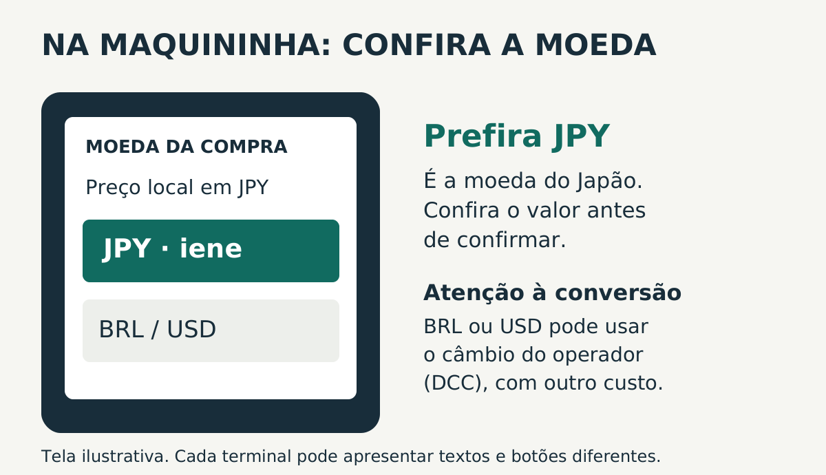 Exemplo ilustrativo de maquininha: selecione JPY, a moeda local, e recuse a conversão oferecida para reais ou dólares; depois confira o valor da compra.