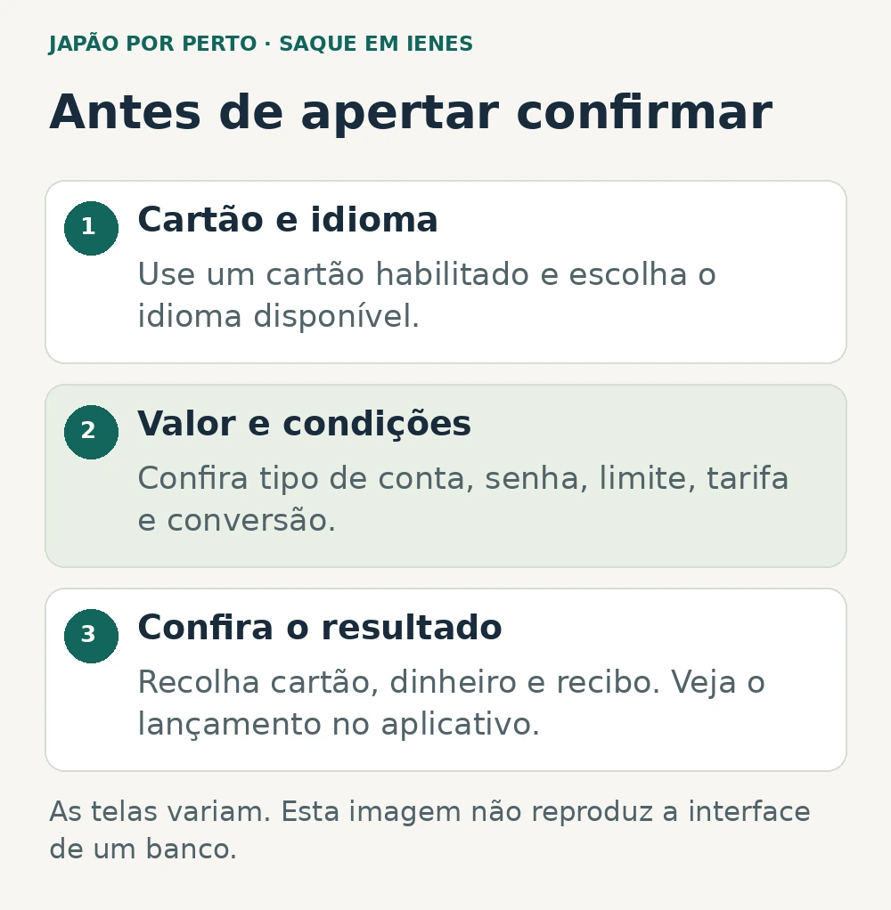 Passos para sacar ienes: cartão e idioma, valor e condições, conferência de dinheiro, cartão e comprovante.