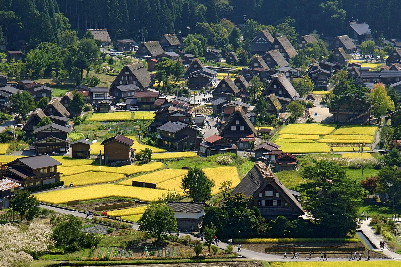 Vista elevada de Ogimachi com telhados de palha, casas e campos no vale de Shirakawa-go.